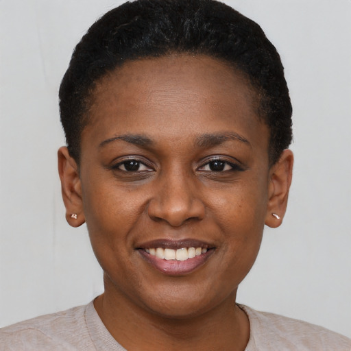 Joyful black young-adult female with short  black hair and brown eyes