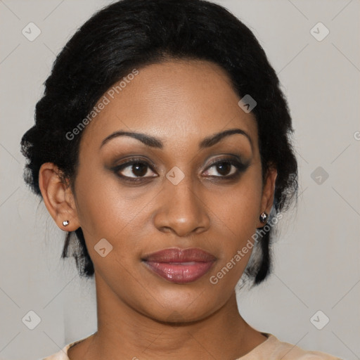 Joyful latino young-adult female with medium  black hair and brown eyes