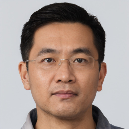 Neutral asian adult male with short  black hair and brown eyes