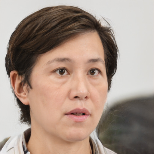 Neutral white adult female with medium  brown hair and brown eyes