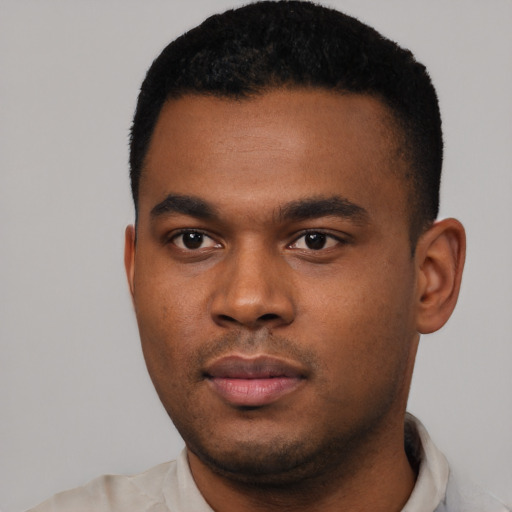 Neutral black young-adult male with short  black hair and brown eyes