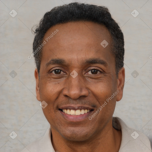 Joyful black adult male with short  black hair and brown eyes