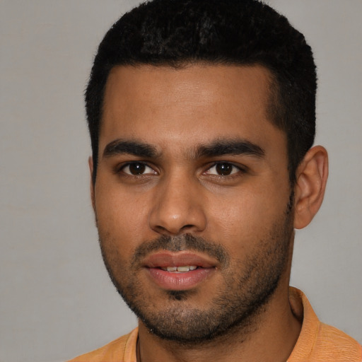 Neutral black young-adult male with short  black hair and brown eyes