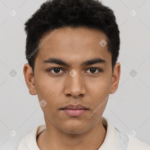 Neutral latino young-adult male with short  black hair and brown eyes