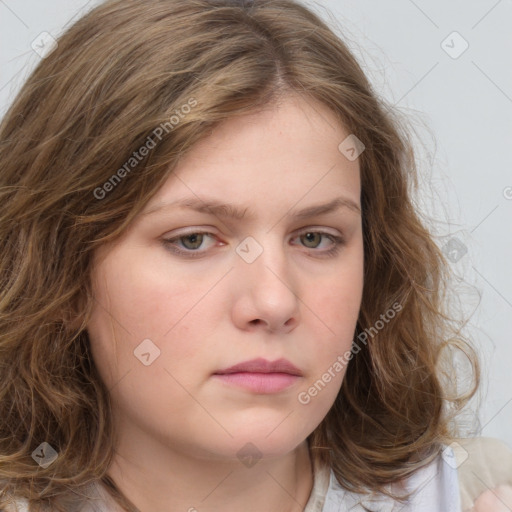 Neutral white young-adult female with medium  brown hair and grey eyes