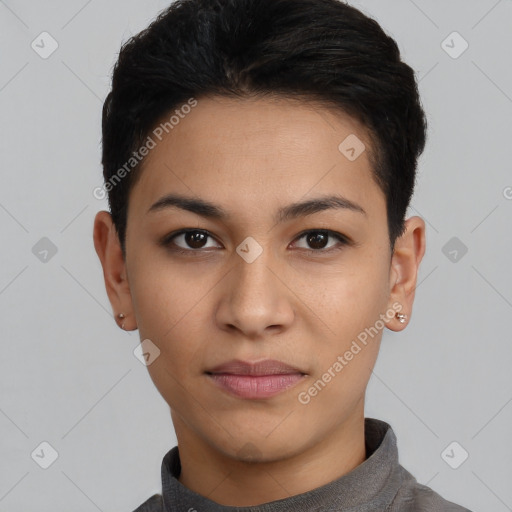 Neutral latino young-adult female with short  black hair and brown eyes