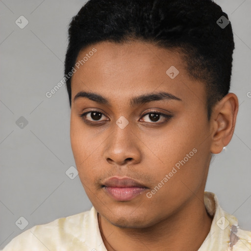 Neutral latino young-adult male with short  black hair and brown eyes