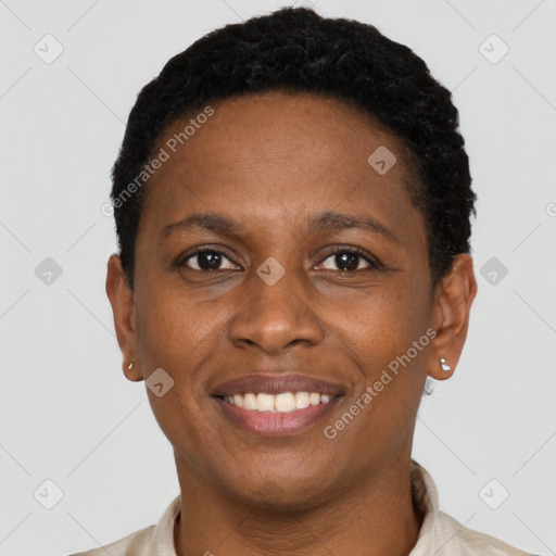 Joyful black young-adult female with short  black hair and brown eyes