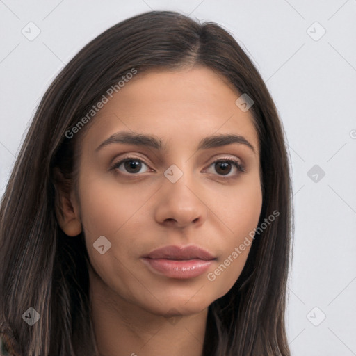 Neutral white young-adult female with long  brown hair and brown eyes