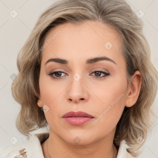 Neutral white young-adult female with medium  brown hair and brown eyes