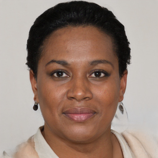 Joyful black adult female with short  black hair and brown eyes