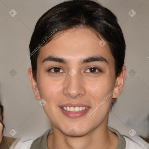 Joyful white young-adult female with medium  brown hair and brown eyes