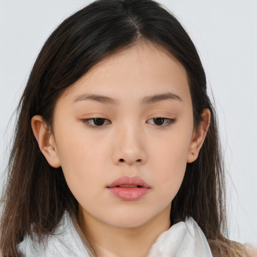 Neutral asian child female with long  brown hair and brown eyes