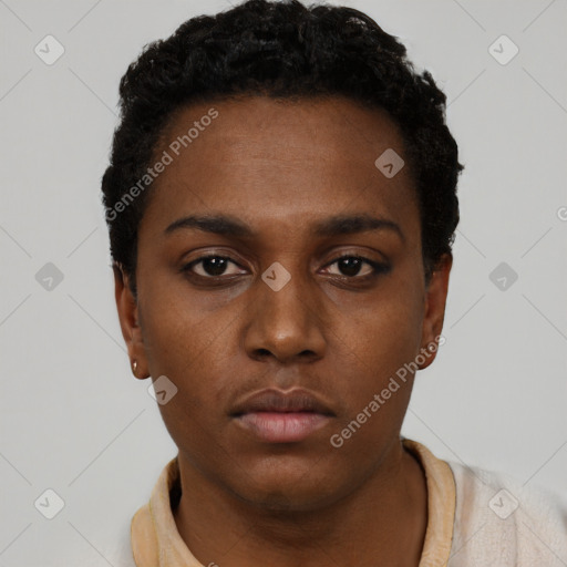 Neutral black young-adult female with short  black hair and brown eyes