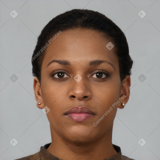 Neutral black young-adult female with short  brown hair and brown eyes