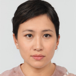 Neutral asian young-adult female with short  black hair and brown eyes