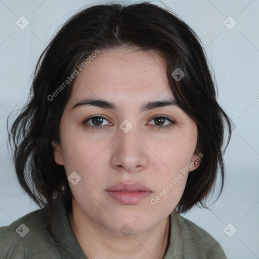 Neutral white young-adult female with medium  brown hair and brown eyes