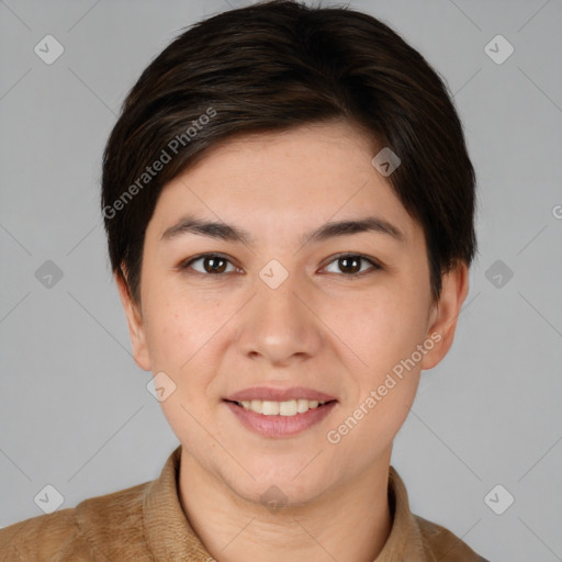 Joyful white young-adult female with short  brown hair and brown eyes