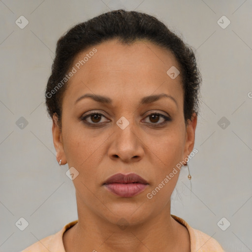 Neutral latino adult female with short  brown hair and brown eyes