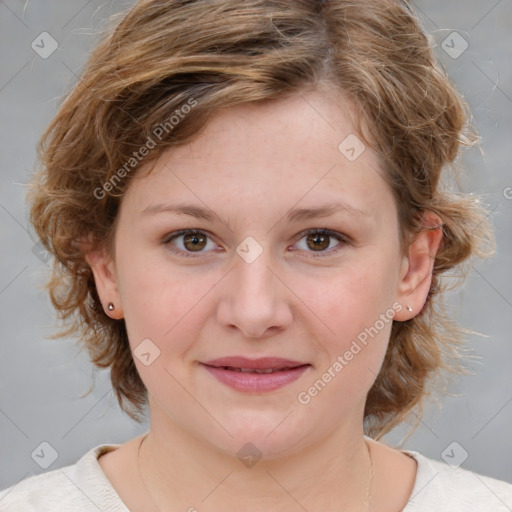 Joyful white child female with medium  brown hair and brown eyes