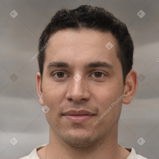 Neutral white young-adult male with short  brown hair and brown eyes