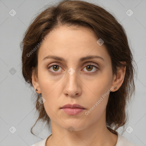 Neutral white young-adult female with medium  brown hair and brown eyes