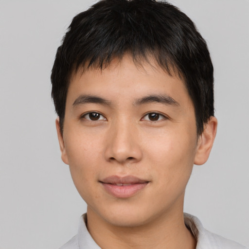 Neutral asian young-adult male with short  black hair and brown eyes
