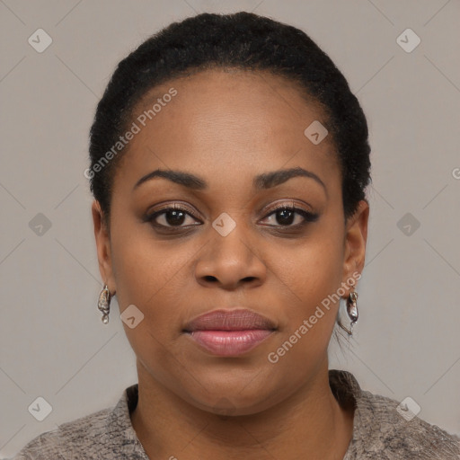 Joyful black young-adult female with short  black hair and brown eyes