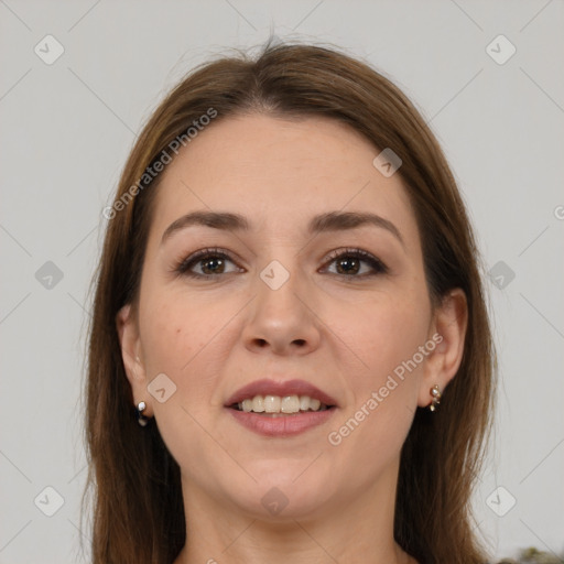 Joyful white young-adult female with medium  brown hair and brown eyes