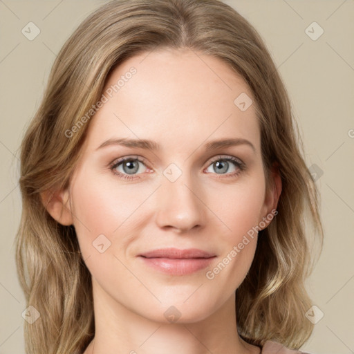 Joyful white young-adult female with medium  brown hair and green eyes