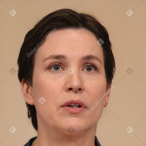 Neutral white adult female with short  brown hair and brown eyes