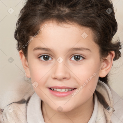 Joyful white child female with medium  brown hair and brown eyes