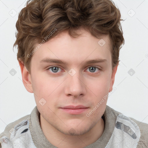 Neutral white young-adult male with short  brown hair and grey eyes