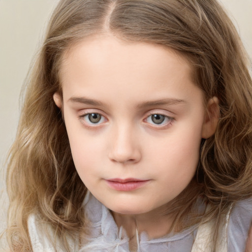 Neutral white child female with long  brown hair and blue eyes