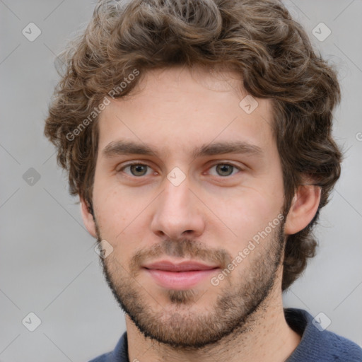 Neutral white young-adult male with short  brown hair and grey eyes