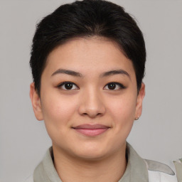 Joyful asian young-adult female with short  brown hair and brown eyes