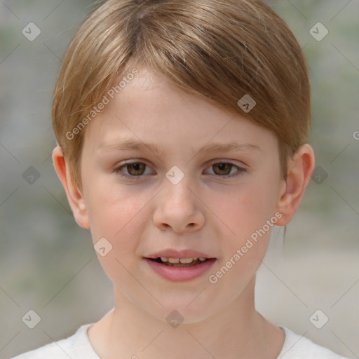 Joyful white child female with short  brown hair and brown eyes