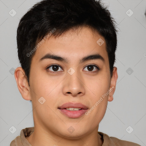 Joyful asian young-adult male with short  brown hair and brown eyes