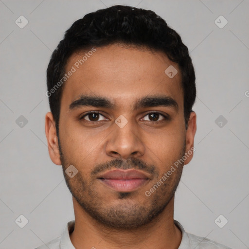 Neutral latino young-adult male with short  black hair and brown eyes