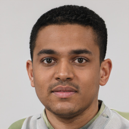 Neutral black young-adult male with short  black hair and brown eyes