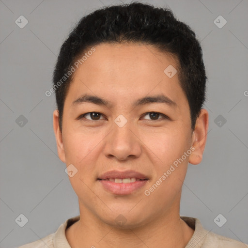 Joyful latino young-adult male with short  brown hair and brown eyes