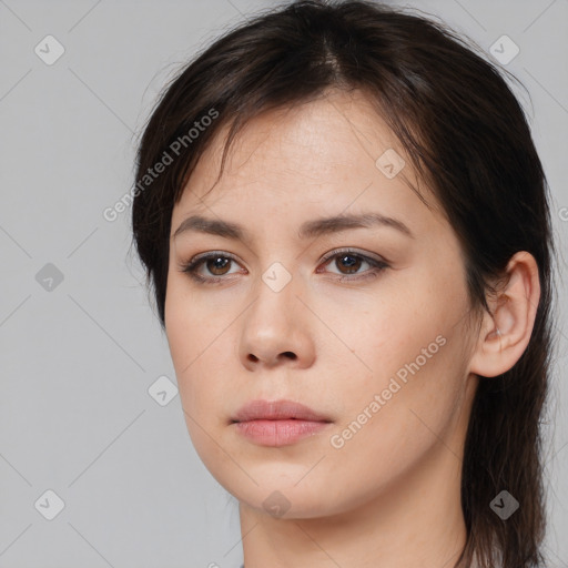 Neutral white young-adult female with medium  brown hair and brown eyes