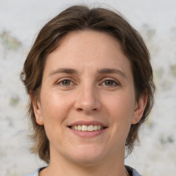 Joyful white adult female with medium  brown hair and grey eyes