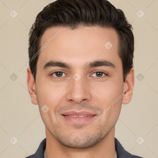 Joyful white young-adult male with short  brown hair and brown eyes