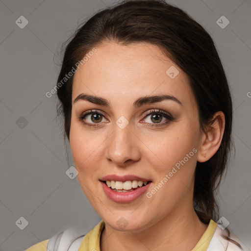 Joyful white young-adult female with medium  brown hair and brown eyes