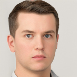 Neutral white young-adult male with short  brown hair and grey eyes