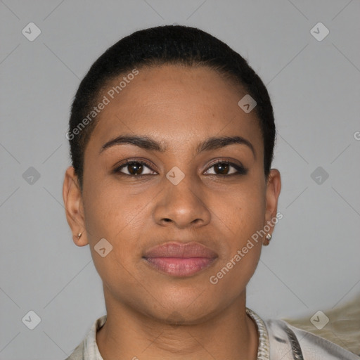 Joyful black young-adult female with short  brown hair and brown eyes