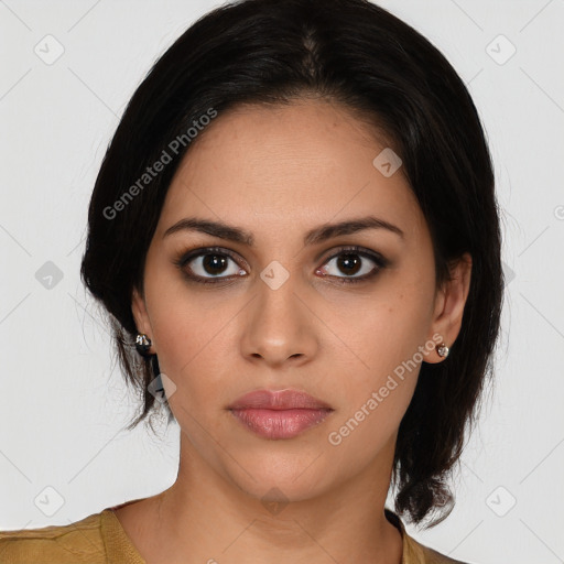 Neutral latino young-adult female with medium  brown hair and brown eyes