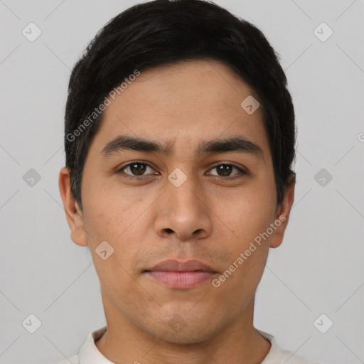 Neutral asian young-adult male with short  black hair and brown eyes