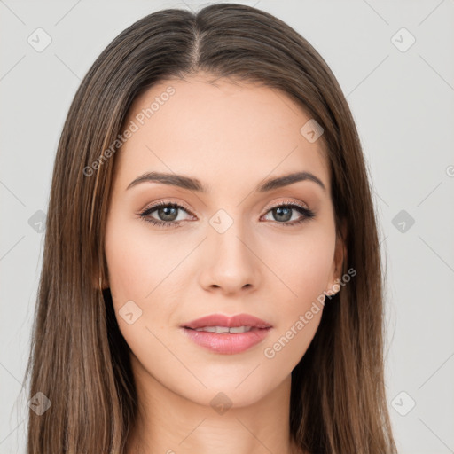 Neutral white young-adult female with long  brown hair and brown eyes